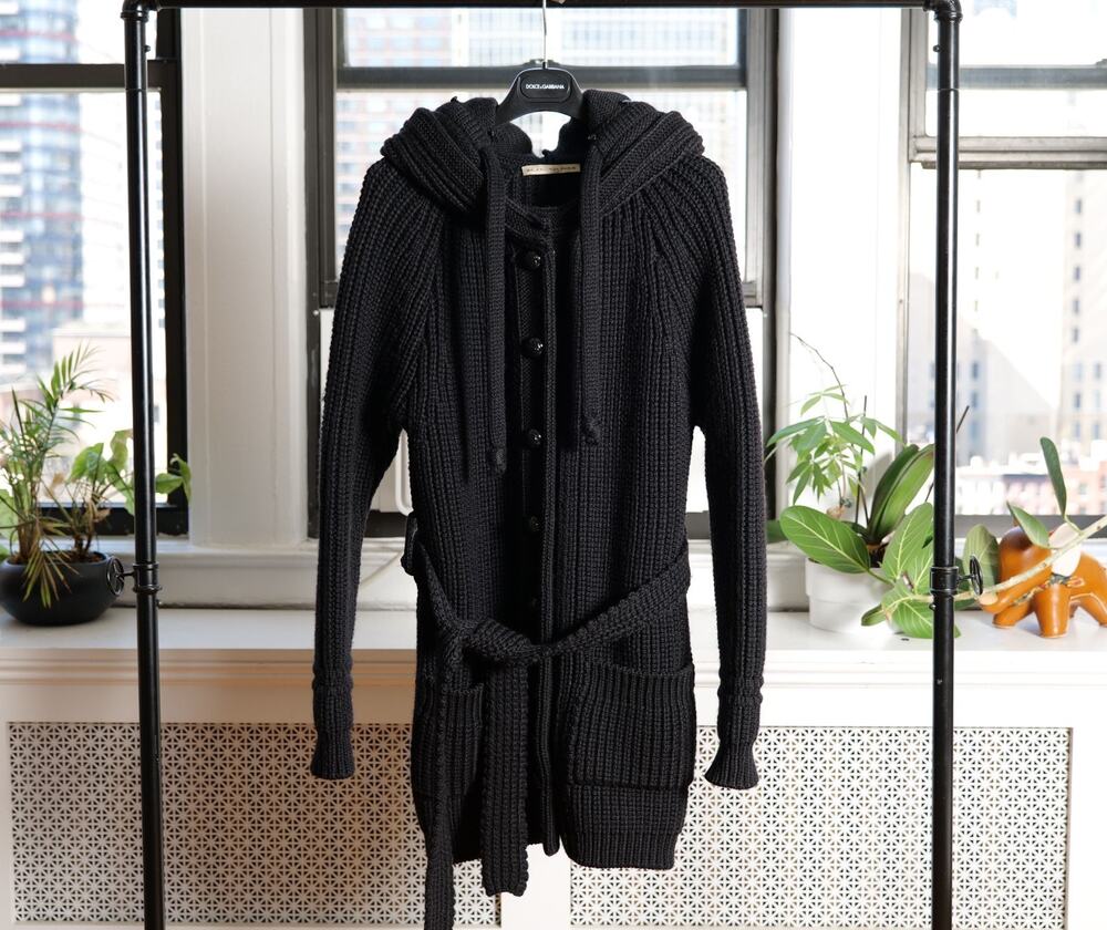 Balenciaga Black Wool Chunky Knit Hooded Belted Cardigan Coat (FR 38 / US S)